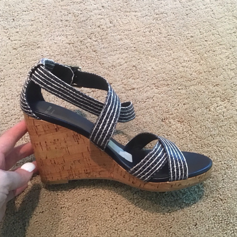 Cole Haan Grand OS Lillian Blue White Stripe Criss‎ Cross Wedge Heels Sandals 8